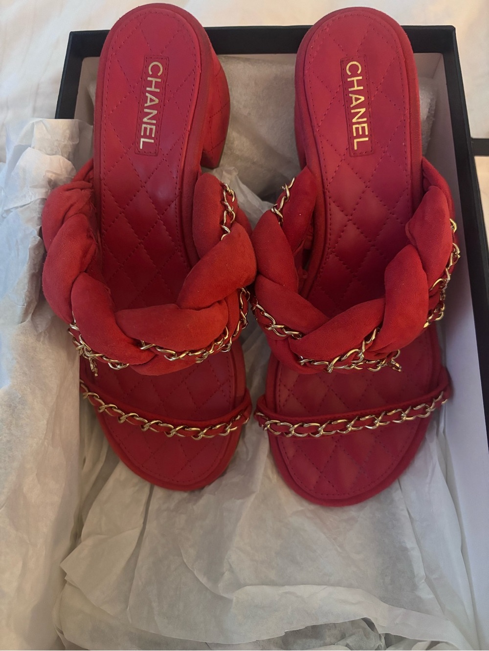 CHANEL Red Quilted Slide Mules with Gold Chain Trim - Picture 6 of 8